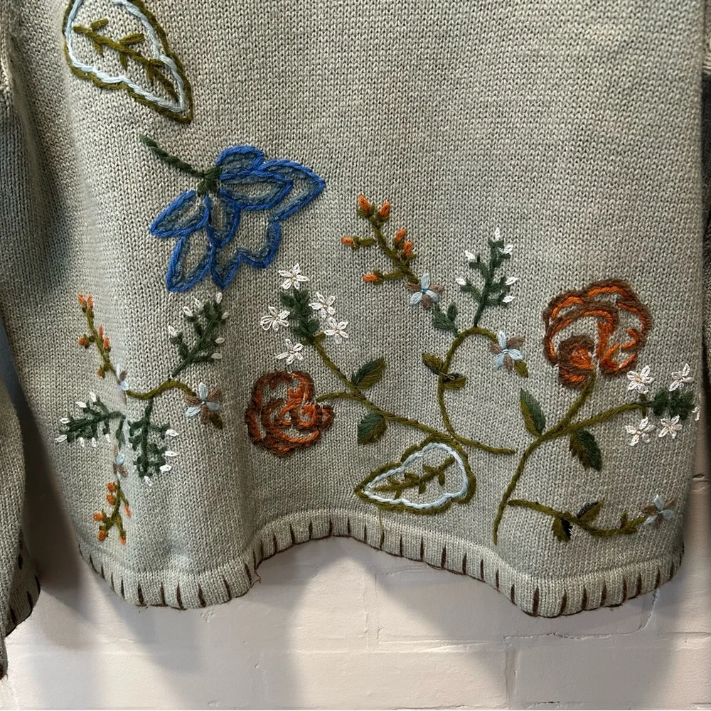 Vtg All Points Sage Green Floral Embroidered V Neck Cottagecore Sweater Sz L - Picture 4 of 7